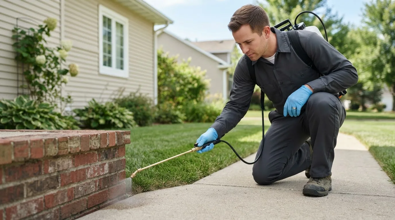 Pest control technician treating a home near Chenoa, IL